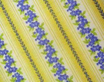 Vintage 2008s unused highquality cotton fabric with striped light blue flower pattern on light yellow bottom,marked April Cornell for Moda