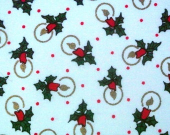 Vintage 1970s unused cotton fabric with printed red/ green/ gold Christmas candle motive pattern on white bottomcolor