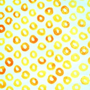 Tela de algodón vintage de los años 70: Estampado de círculos amarillos sobre fondo blanco hueso