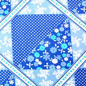 Vintage 1970s prewashed cotton fabric with X-LARGE checkered blue/ white patchwork square pattern