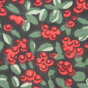 Vintage 1970s fabric in highquality unused cotton with red/ green printed berries pattern on black bottomcolor image 1