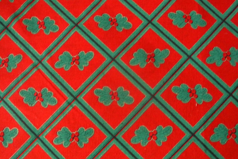 Vintage 1980s Christmas fabric in highquality sturdy unused cotton with printed lingonberry motive and green check pattern on red bottom