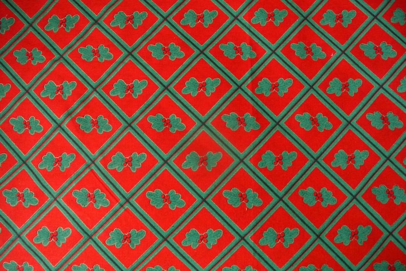 Vintage 1980s Christmas fabric in highquality sturdy unused cotton with printed lingonberry motive and green check pattern on red bottom