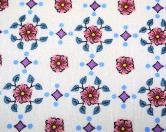 Vintage 1970s Floral Cotton Quilt Fabric: Pink, Blue, Purple Flowers