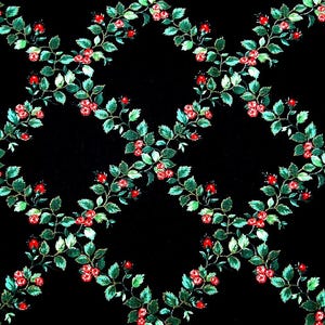 Katoenstof JOAN KESSLER vintage jaren 80: patroon met groene rozenknopjes op zwart
