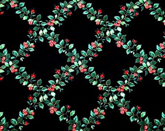 Katoenstof JOAN KESSLER vintage jaren 80: patroon met groene rozenknopjes op zwart