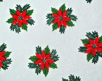 Vintage 1970s fabric in highquality unused cotton with green/ red printed christmas rose pattern on white bottomcolor