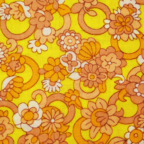 Vintage 1960s quilt fabric in highquality unused cotton with small printed beige flower pattern on yellow bottomcolor