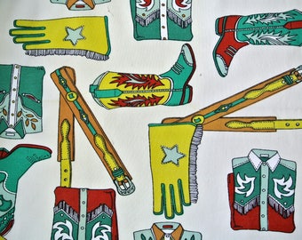 Vintage 1980s fabric in highquality unused cotton with X-large multicolor printed cowboy clothing pattern motive on bone white bottomcolor
