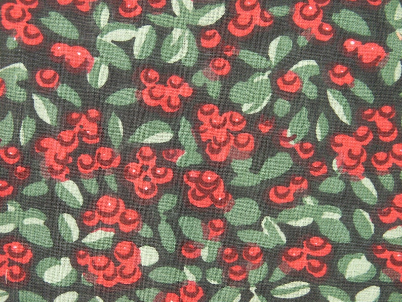 Vintage 1970s fabric in highquality unused cotton with red/ green printed berries pattern on black bottomcolor image 2