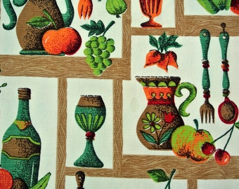 Vintage anni '50 più spessa corteccia tela di cotone cucito tessuto di design con grande arredamento da cucina multicolore stampato sul fondo bianco osso