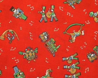 Vintage 1980s christmas fabric in highquality unused cotton with rather small printed children toys pattern on clear red bottomcolor