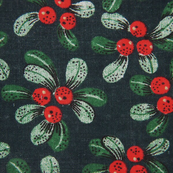 Vintage 1970s fabric in highquality unused cotton with red green printed lingonberries pattern on dark green bottomcolor