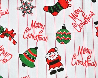 Vintage 1980s special christmas fabric in highquality unused cotton with printed christmas figures pattern on white bottomcolor