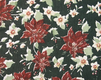Vintage 1970s fabric in highquality unused cotton with green/ vinered printed flower/ leafes pattern on black bottomcolor