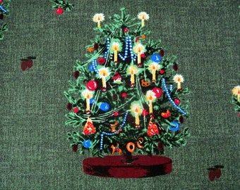 Vintage 1980s Christmas fabric in highquality unused cotton with LARGE multicolor printed Christmas tree motive on melange green bottomcolor