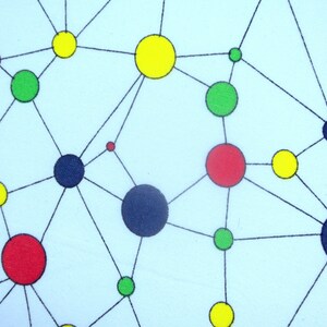 May include: Abstract illustration of a network with connected circles in red, yellow, green, and blue.