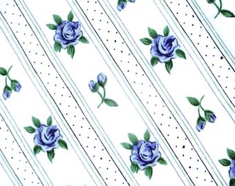Vintage 1970s Rose Cotton Fabric: Blue & Green Floral Quilting Material