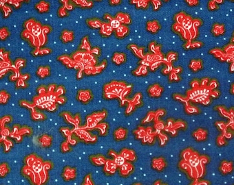 Tela de algodón vintage de los años 70: estampado floral rojo y blanco, azul oscuro