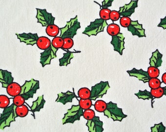 Vintage 1970s fabric in prewashed cotton with green/ red printed lingonberries pattern on white bottomcolor