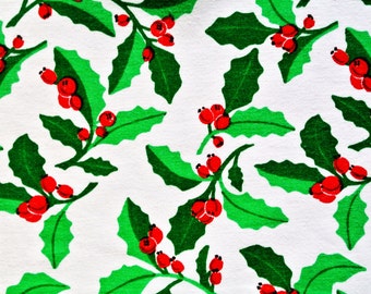 Vintage 1970s fabric in highquality prewashed unused cotton with larger green/ red printed berries/ leafe pattern on white bottomcolor