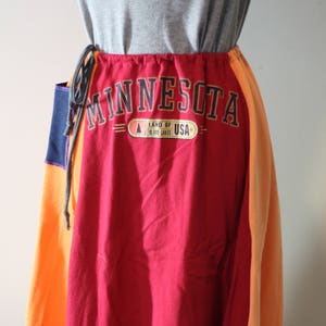 A-Line Upcycled T-Shirt Skirt - Minnesota in orange and red with navy pocket - One Size Drawstring
