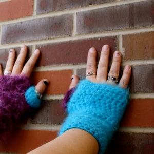 Fuzzy Fingerless Mittens- light blue and purple