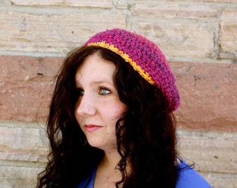 Crochet Beret- magenta and yellow