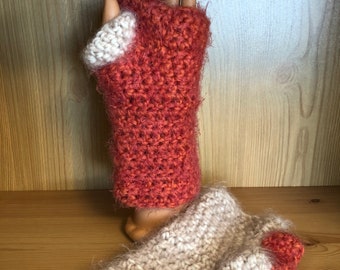 Fuzzy Fingerless Mittens- pumpkin and beige