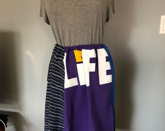 A-Line Upcycled T-Shirt Skirt - Minnesota Life purple, blue stripes, and gray, and blue tie dye with  brown pocket - One Size Drawstring