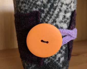 Upcycled Felted Wool Sweater Coffee Cup Cozy - Patterned Grays and Purple with Orange Button