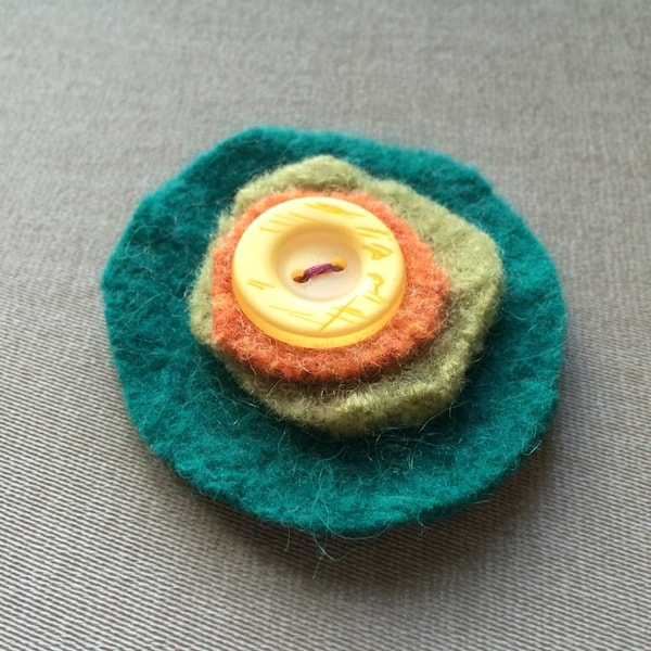 Recycled wool sweaters Hair clip/pin--you choose which--Green/teal/orange circles with yellow button