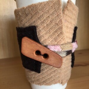 Upcycled Felted Wool Sweater Coffee Cup Cozy - light brown and dark brown with tan toggle button