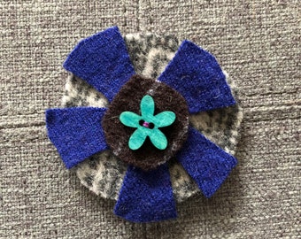 Recycled wool sweaters Hair clip- gray/blue/brown flower with blue flower button