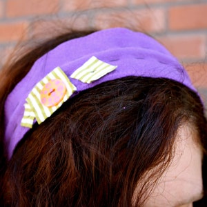 20% OFF WAS 15 NOW 12.95** Recycled T shirts and Jeans Headband- purple with green striped appliques and orange button