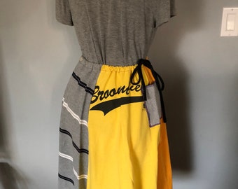 A-Line Upcycled T-Shirt Skirt - Yellow, orange, gray striped, and brown with gray pocket - One Size Drawstring