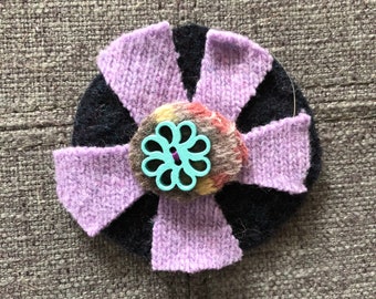 Recycled wool sweaters Hair clip- navy/light purple flower with teal button