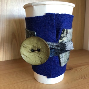 Upcycled Felted Wool Sweater Coffee Cup Cozy - blue and patterned gray with olive green button