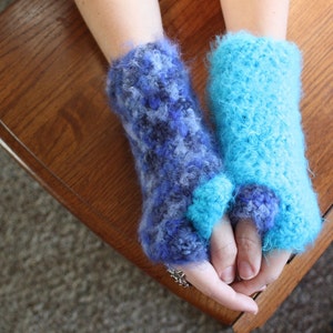 Fuzzy Fingerless Mittens- light blue and dark blue