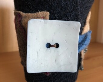 Upcycled Felted Wool Sweater Coffee Cup Cozy - Black and Multicolor Argyle with Baby Blue Button