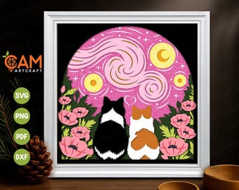 May include: A framed art piece featuring two cats gazing at a starry night scene. The artwork includes a pink glitter background, yellow stars and moon, and pink flowers. The frame is white, and the overall design is whimsical.