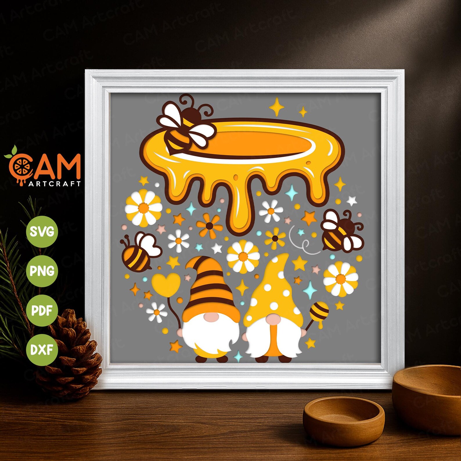 3D Honey Bee Shadow Box SVG, Gnome Shadow Box, Gnome Bee SVG, Bee 3D ...