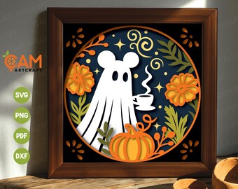 Scatola delle ombre fantasma agghiacciante SVG, SVG di Halloween 3D, modello di scatola delle ombre fantasma carino, topo di Halloween, SVG a strati 3D, per Cricut, per Silhouette