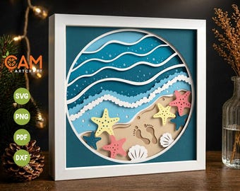 3D BEACH Shadow Box, Seashore BEACH Shadow Box, Sea Wave SVG, Starfish, Beach SVG, Sea SVG, Wave SVG, voor Cricut, voor Silhouette
