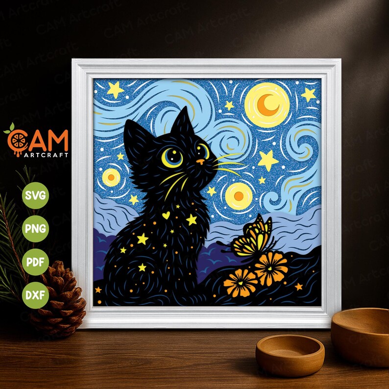 May include: A framed art print featuring a black cat gazing at a starry night sky with a crescent moon and stars. A yellow butterfly rests on orange flowers. The artwork is in a white frame.