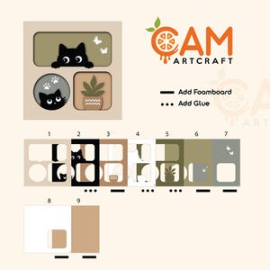 May include: A layered paper craft kit featuring a black cat, a potted plant, and butterflies. The design includes nine numbered assembly steps with instructions to add foamboard or glue. The logo CAM ARTCRAFT is displayed at the top right.