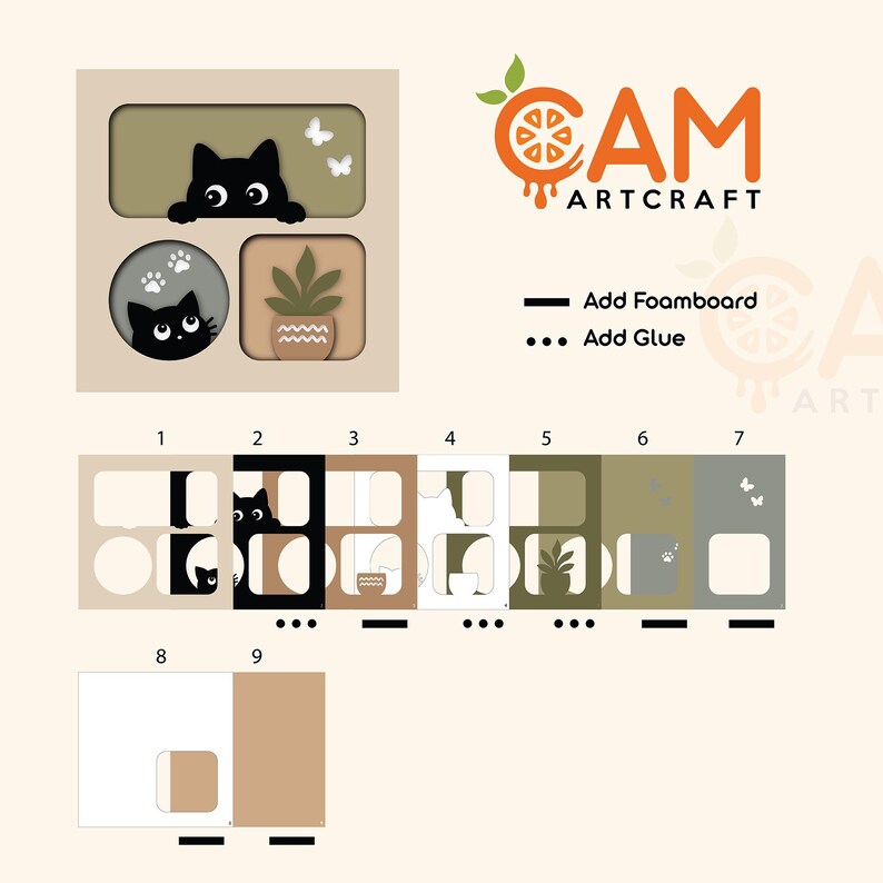 May include: A layered paper craft kit featuring a black cat, a potted plant, and butterflies. The design includes nine numbered assembly steps with instructions to add foamboard or glue. The logo CAM ARTCRAFT is displayed at the top right.