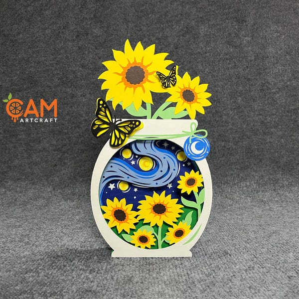 Starry Night Sunflower Pop-up Card SVG , 3D Paper Card Templates, Cricut Paper Craft