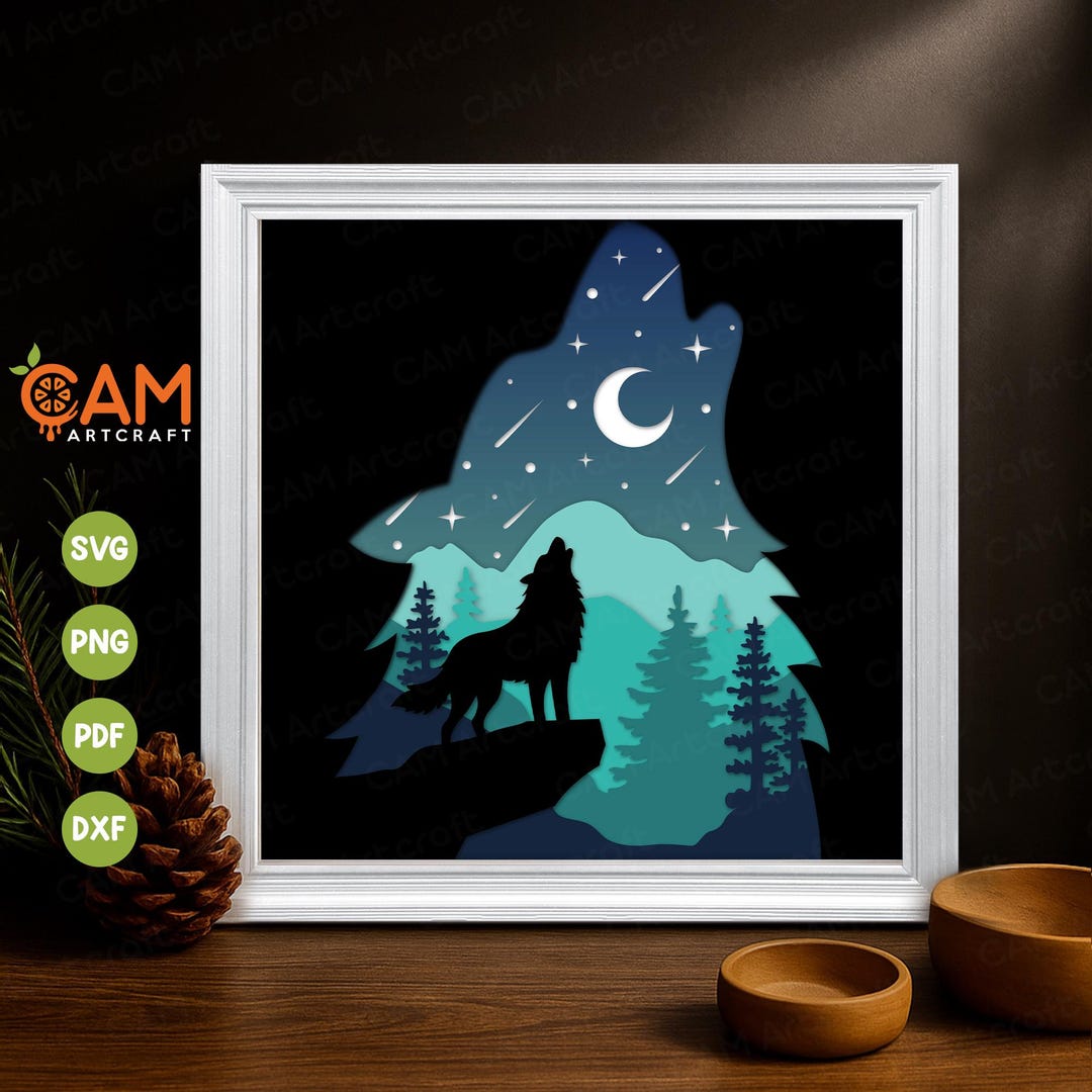3D Wolf Forest Shadow Box SVG, Howling Wolf, Full Moon, Night Forest ...