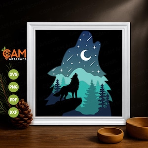 May include: A framed art print featuring a silhouette of a howling wolf against a night sky with a crescent moon and stars. The design includes layered trees in shades of blue and green. The frame is white.